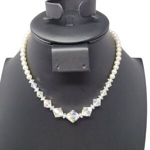 Vintage 50s AB Crystals Faux Pearl Choker Necklace Clear Aurora Borealis Japan